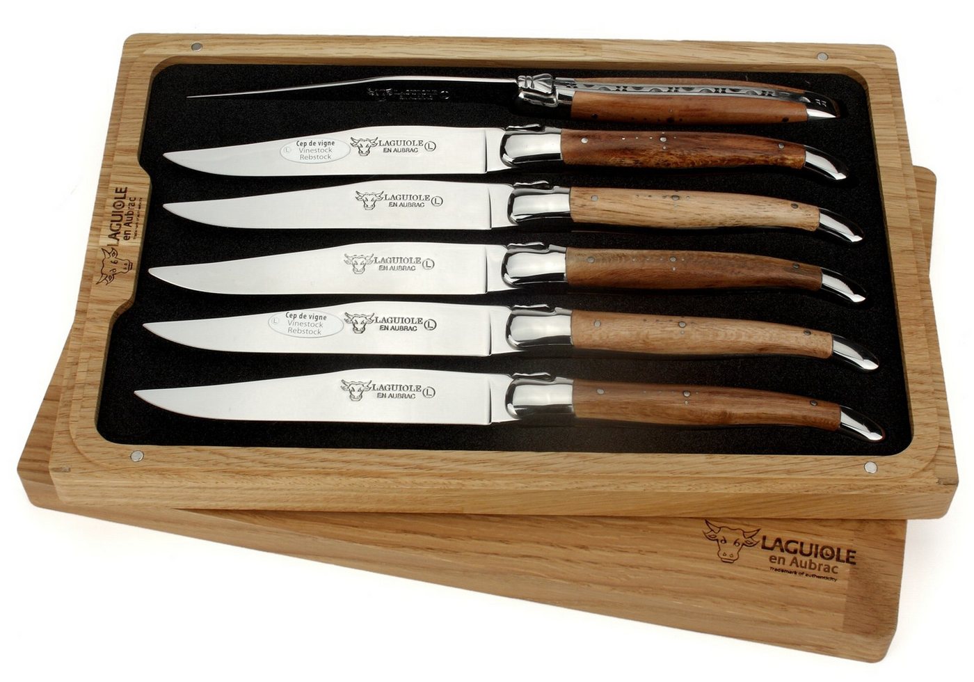 Laguiole en Aubrac Steakmesser 62C99CVIH 6er Set - Griff Weinrebe - Backen glänzend - Klinge glänzend - Holzbox Laguiole en Aubrac Steakmesser 62C99CVIH 6er Set - Griff Weinrebe - Backen glänzend - Klinge glänzend - Holzbox von Laguiole en Aubrac
