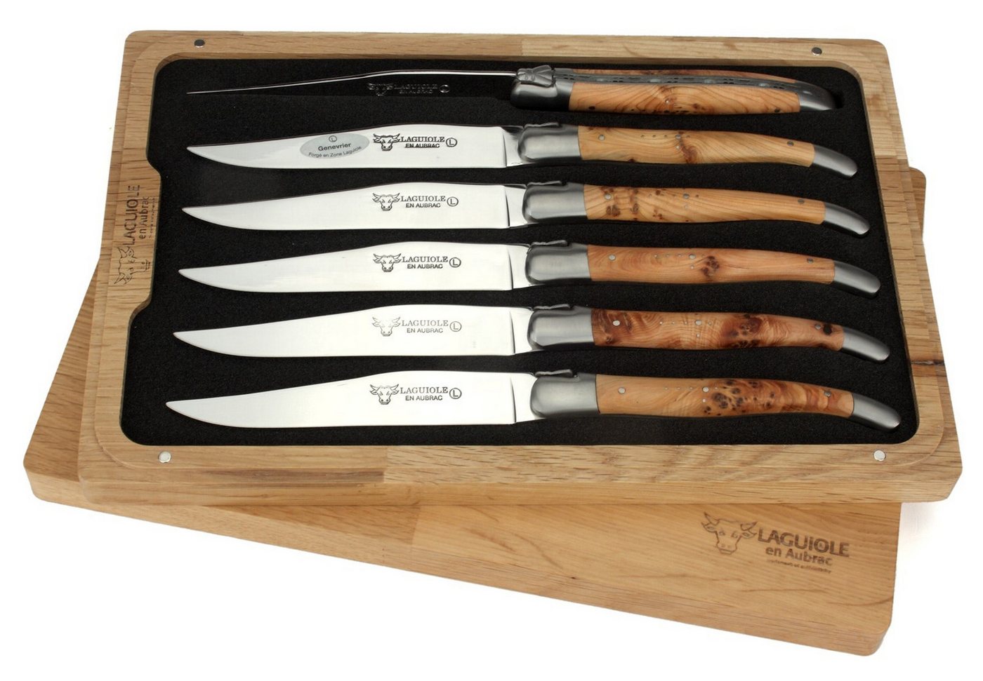 Laguiole en Aubrac Steakmesser 62C99GEIH-N 6er Set - Griff Wacholder - Backen matt - Klinge glänzend - Holzbox Laguiole en Aubrac Steakmesser 62C99GEIH-N 6er Set - Griff Wacholder - Backen matt - Klinge glänzend - Holzbox von Laguiole en Aubrac