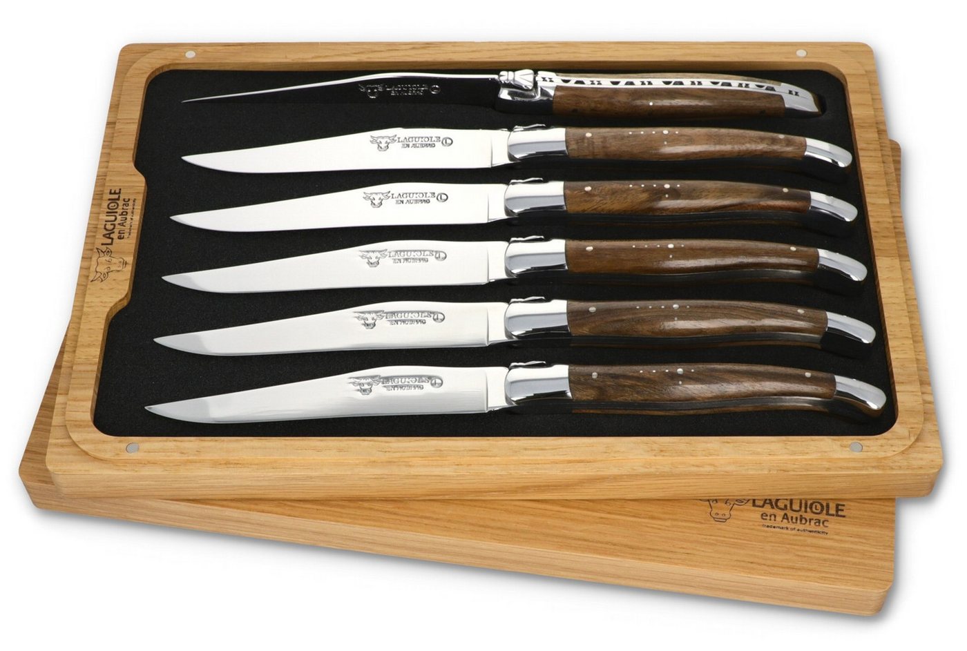 Laguiole en Aubrac Steakmesser 62C99NOIH BRI 6er Set - Griff Nussbaum - Backen glänzend - Klinge glänzend - Holzbox Laguiole en Aubrac Steakmesser 62C99NOIH BRI 6er Set - Griff Nussbaum - Backen glänzend - Klinge glänzend - Holzbox von Laguiole en Aubrac