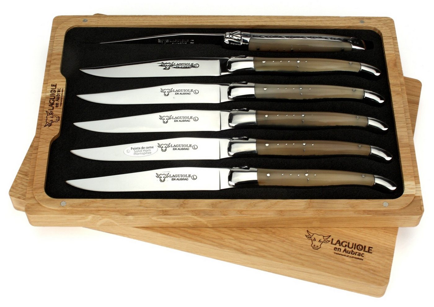 Laguiole en Aubrac Steakmesser 62C99PCIH 6er Set - Griff Hornspitze - Backen glänzend - Klinge glanz - Holzbox Laguiole en Aubrac Steakmesser 62C99PCIH 6er Set - Griff Hornspitze - Backen glänzend - Klinge glanz - Holzbox von Laguiole en Aubrac