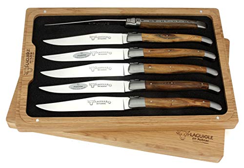 Laguiole en Aubrac Steakmesser - 6er Set - Griff Pistazien-Holz - Original Frankreich mit Zertifikat - sechs Tafelmesser von LAGUIOLE EN AUBRAC L