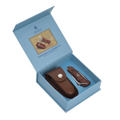 Laguiole Heritage Segel-Klappmesser mit Lederetui – Elegantes Taschenmesser aus Edelstahl mit Holzgriff – Traditionelles Design, ideal für Outdoor, Segeln & Camping, Braun von Laguiole