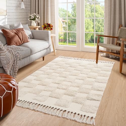 Lahome Boho Wohnzimmerteppich, 7.6x12.7 cm, kariert, Bad, Eingangsbereich, Bauernhaus, waschbar, Küchenteppich mit Quasten, fusselfrei, beige, Überwurfteppich, getuftet, Ankleidezimmer, Büro Lahome Boho Wohnzimmerteppich, 7.6x12.7 cm, kariert, Bad, Eingangsbereich, Bauernhaus, waschbar, Küchenteppich mit Quasten, fusselfrei, beige, Überwurfteppich, getuftet, Ankleidezimmer, Büro von Lahome