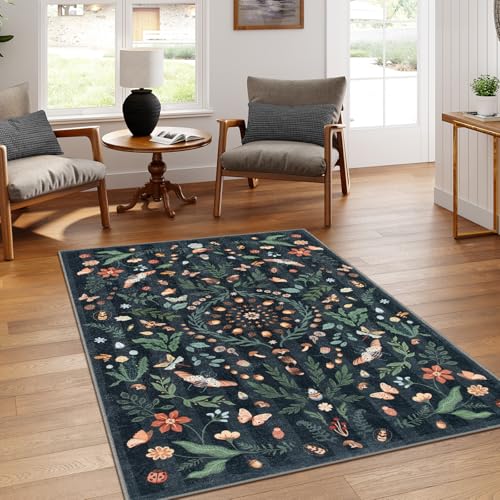 Lahome Insect Botanical Waschbarer Teppich für Wohnzimmer, rutschfeste Teppiche für Schlafzimmer, Boho, Innenbereich, Esszimmer, Teppich unter dem Tisch, für Eingangsbereich, Küche, Büro (Schwarz, von Lahome