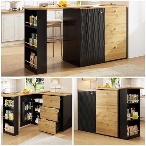 Lahoomu Ausziehbarer Bartisch mit Stauraum(138-204×39×104cm), 360° Drehbare Essbar, Beweglicher Bar Table, Hochtisch Kücheninsel Bistro Table, Sideboard mit Holzmaserung von Lahoomu
