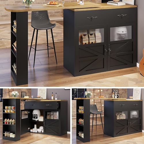 Lahoomu Ausziehbarer Bartisch mit Stauraum(138-204×39×104cm), 360° Drehbare Essbar, Beweglicher Bar Table, Hochtisch Kücheninsel Bistro Table, Sideboardschrank mit Regalen, Schwarz von Lahoomu