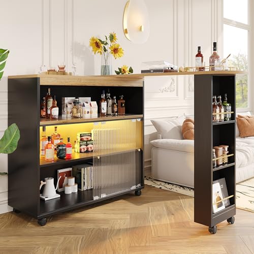 Lahoomu Ausziehbarer Bartisch mit Stauraum, Beweglicher Bar Table, Teleskopischer mit LED, Stehtisch Bistrotisch Hochtisch Kücheninsel Bistro Table,Großer Stauraum, Schwarz(138-204×39×105cm) von Lahoomu
