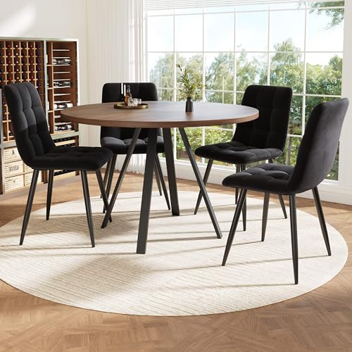 Lahoomu Essgruppe (5-TLG), Runder Esstisch, 80×80×75cm mit 4 Esszimmerstühlen, Couchtisch für 4 Personen, Samtsitze mit Nussbaumfarbenem, Schwarze Esszimmerstühle von Lahoomu