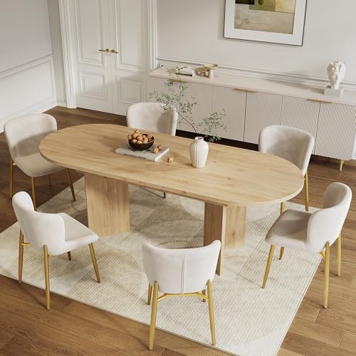 Lahoomu Esstisch-Set (inkl 6 Stühlen), Ausziehbarer 120/160 * 80 cm, mit Abgerundeten Ecken und Dicker Tischplatte, Samtstühle, Beige + Goldstühle, Eichentisch von Lahoomu