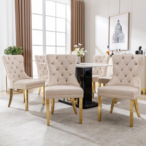 Lahoomu Esszimmerstuhl Beige (Küchenstuhl Wohnzimmerstuhl mit einzigartigem Runde Zugringe auf der Rückseite, 6 STS), Polsterstuhl mit Nagelkopfbesatz,Stützbeine aus vergoldetem Edelstahl, Samt von Lahoomu