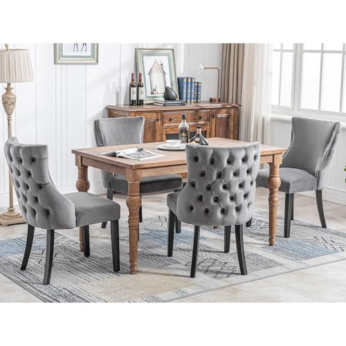 Lahoomu Esszimmerstuhl Grau(Wohnzimmerstuhl mit einzigartigem Knopfsteppung der Rückseite, 4 St), Polsterstuhl mit Nagelkopfbesatz,Bezug aus Samt,Gebogene Beine aus Massivholz von Lahoomu