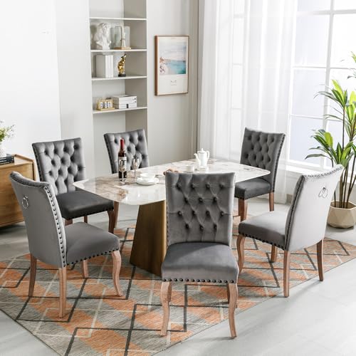 Lahoomu Esszimmerstuhl Grau (Küchenstuhl Wohnzimmerstuhl mit einzigartigem Türklopfer auf der Rückseite, 6 St), Polsterstuhl mit Nagelkopfbesatz, Beinen aus Massivholz, Bezug aus Samt von Lahoomu