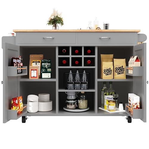 Lahoomu Kücheninsel(102×45×92cm), Küchenschrank, Buffetschrank, Speisewagen mit Holzmaserung, Multifunktionale Esstisch mit Speicherraum, Grau von Lahoomu