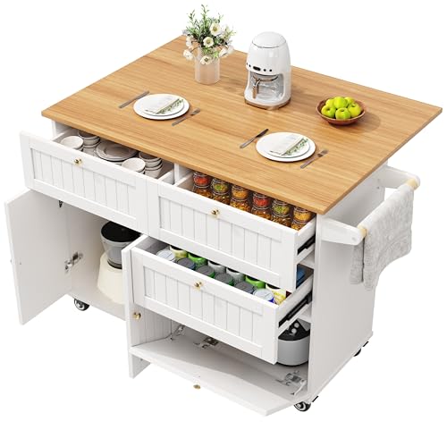 Lahoomu Kücheninsel, Küchenschrank, Buffetschrank, Speisewagen mit Holzmaserung, Multifunktionale Esstisch mit Speicherraum, mit Stretchfunktionsschränken, Weiß von Lahoomu