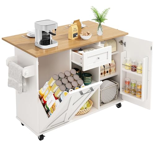 Lahoomu Kücheninsel, Küchenschrank für Mülleimer, Buffetschrank, Multifunktionale Esstisch mit Speicherraum, Speisewagen mit Snackregalen und Stretchfunktionsschränken, Weiß von Lahoomu