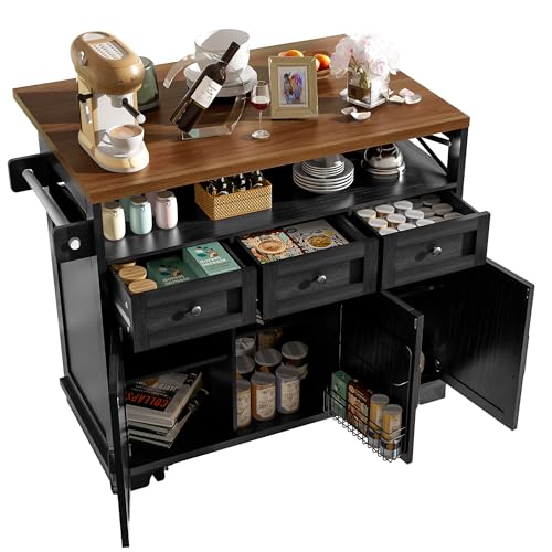 Lahoomu Kücheninsel (118×43/70×98cm) Küchenschrank Essschrank mit Holzmaserung Esswagen mit Rädern, mit Multifunktionalem Stauraum, Herausnehmbaren Trennwänden, mit Handtuchhalter, Schwarz von Lahoomu