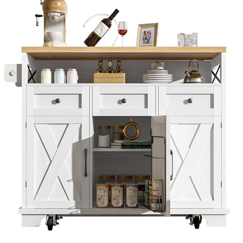 Lahoomu Kücheninsel (118×43/70×98cm) Küchenschrank Essschrank mit Holzmaserung Esswagen mit Rädern, mit Multifunktionalem Stauraum, Herausnehmbaren Trennwänden, mit Handtuchhalter, Weiß von Lahoomu