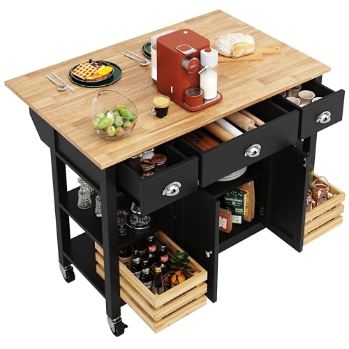 Lahoomu Kücheninsel (120×45×90cm) Küchenschrank Essschrank Esszimmerwagen Holzmaserung Esszimmerschrank Multifunktions-Esstisch mit Kiefernkorb Aufbewahrungskorb, Schwarz von Lahoomu