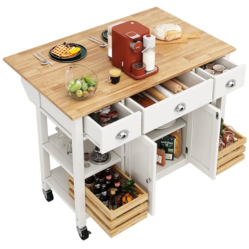 Lahoomu Kücheninsel (120×45×90cm) Küchenschrank Essschrank Esszimmerwagen Holzmaserung Esszimmerschrank Multifunktions-Esstisch mit Kiefernkorb Aufbewahrungskorb, Weiß von Lahoomu