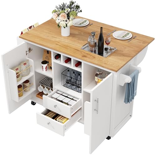 Lahoomu Kücheninsel Buffetschrank 120 x 73 (45) x 92 cm Küchenschrank Küchenwagen und Klappbarer Arbeitsplatte mit Handtuchhalter Gewürzregal Türregal Weinregal und Verstellbaren Einlegeböden, Weiß von Lahoomu