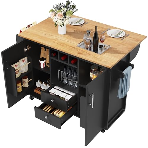 Lahoomu Kücheninsel Buffetschrank 120 x 73 (45) x 92 cm Küchenschrank Küchenwagen und Klappbarer Arbeitsplatte mit Handtuchhalter Gewürzregal Türregal Weinregal und Verstellbaren Einlegeböden, Schwarz von Lahoomu