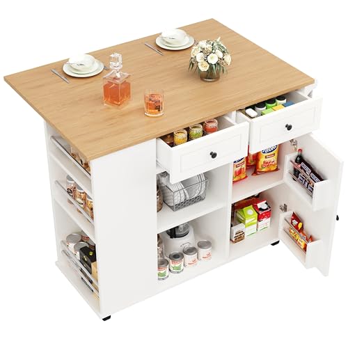 Lahoomu Kücheninsel mit Herausnehmbaren Trennwänden, Küchenschrank, Esszimmerwagen mit Arbeitsplatte, Buffetschrank, mit Holzmaserung, Ausgestattet mit Snackhalter und Weinglasregal, Weiß von Lahoomu