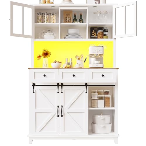 Lahoomu Küchenschrank(105×38.4×180cm), Hochschrank Küchenbuffet, Vitrinenschrank, Buffetschrank mit Verstellbaren Ablagen, Sideboard mit LED-Beleuchtung, Variable Lichtfarben, Weiß von Lahoomu