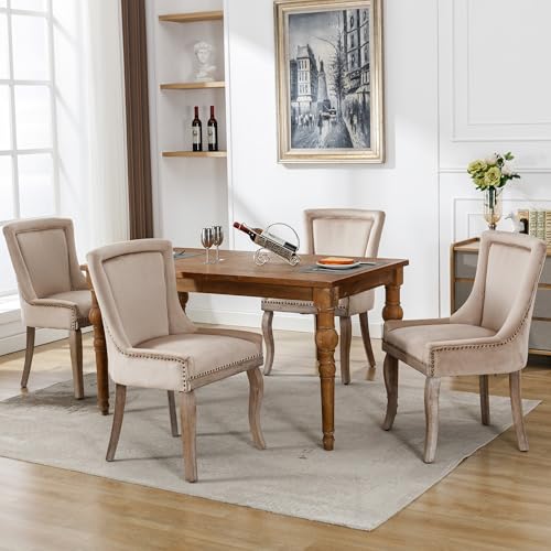 Lahoomu Luxuriös Esszimmerstuhl Beige(Küchenstuhl Wohnzimmerstuhl, 4 St), Polsterstuhl mit Nagelkopfbesatz, Beinen aus Massivholz, Bezug aus Samt von Lahoomu