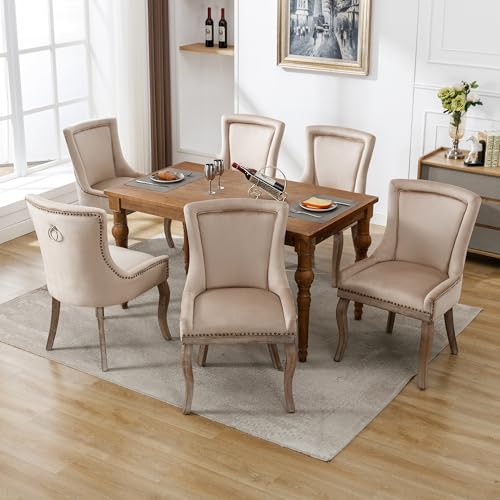 Lahoomu Luxuriös Esszimmerstuhl Beige(Küchenstuhl Wohnzimmerstuhl, 6 St), Polsterstuhl mit Nagelkopfbesatz, Beinen aus Massivholz, Bezug aus Samt von Lahoomu
