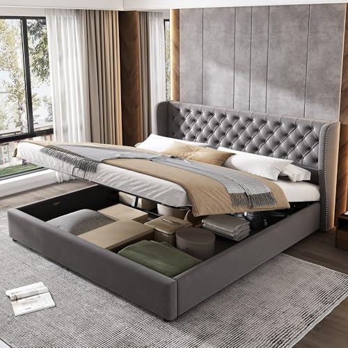 Lahoomu Polsterbett Ohrenform, Samtstoff Doppelbett 180 * 200, Hydraulisches Funktionsbett mit Lattenrost und Stauraum, Bettunterseite ist mit einem Schmutzabweisenden Schwarzen, Grau von Lahoomu