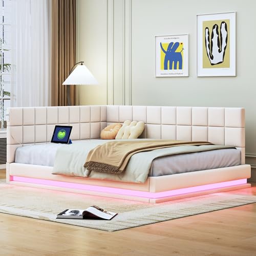 Lahoomu Polsterbett Schlafsofa 140 * 200 Multifunktionsbettmit LED Lichtleiste, USB Steckdose und Lattenrost, Hautsympathischer Samtstoff Beige von Lahoomu