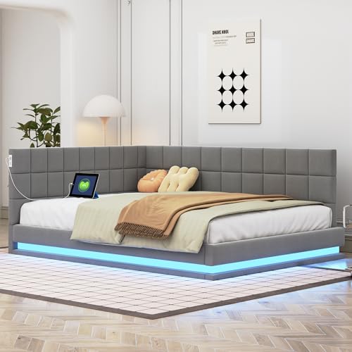Lahoomu Polsterbett Schlafsofa 140 * 200 Multifunktionsbettmit LED Lichtleiste, USB Steckdose und Lattenrost, Hautsympathischer Samtstoff Grau von Lahoomu