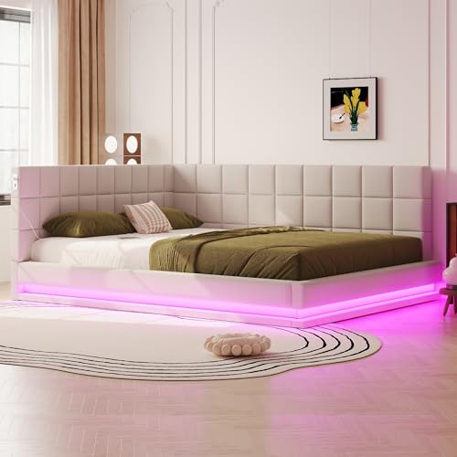 Lahoomu Polsterbett Schlafsofa 160 * 200 Multifunktionsbettmit LED Lichtleiste, USB Steckdose und Lattenrost, Hautsympathischer Samtstoff Beige von Lahoomu