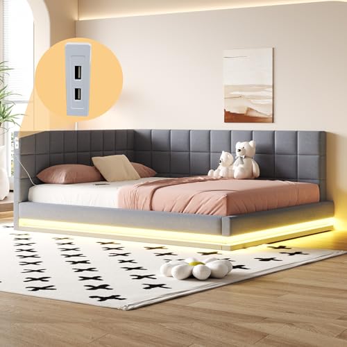 Lahoomu Polsterbett Schlafsofa 160 * 200 Multifunktionsbettmit LED Lichtleiste, USB Steckdose und Lattenrost, Hautsympathischer Samtstoff Grau von Lahoomu