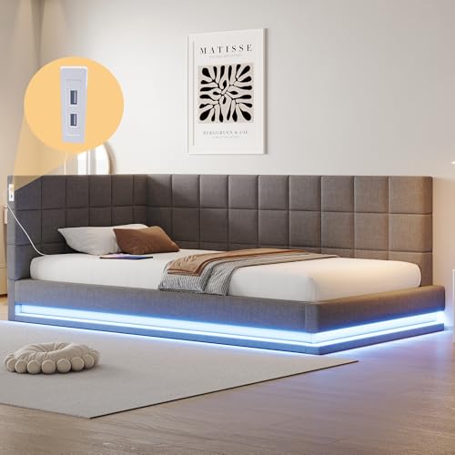 Lahoomu Polsterbett Schlafsofa 90 * 200 Multifunktionsbettmit LED Lichtleiste, USB Steckdose und Lattenrost, Hautsympathischer Samtstoff Grau von Lahoomu