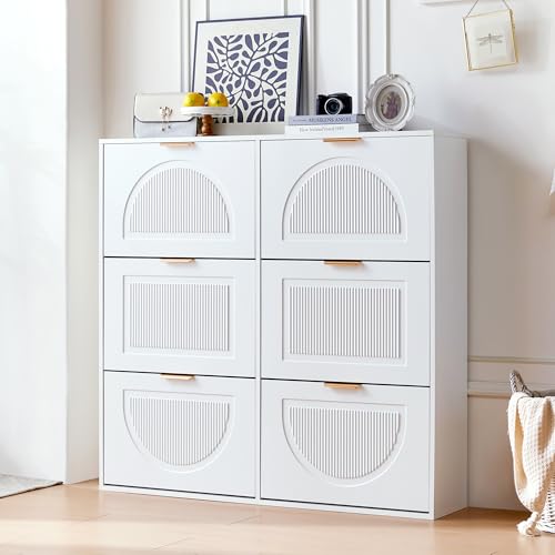 Lahoomu Schuhschrank, mit 6 Klappenfächern, Freistehendem Schuhregal, Offenen Ablageflächen, für Eingangsbereich oder Flur, Weiß, B118/H115/T25 cm von Lahoomu