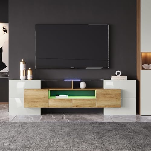 Lahoomu Stilvoller TV-Schrank, Lowboard, Hochglänzendes Weiß, 200cm, LED-Beleuchtung, Wohnzimmermöbel, Elegante Glasoberfläche von Lahoomu