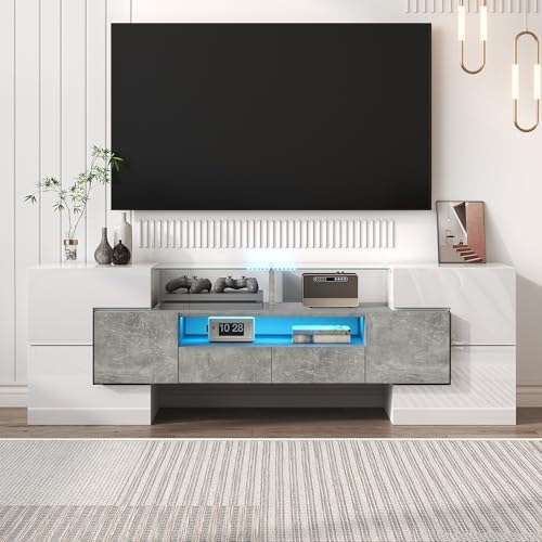 Lahoomu TV-Schrank, Lowboard Hochglänzendes Grau, 145cm, LED-Beleuchtung, Wohnzimmermöbel, Elegante Glasoberfläche von Lahoomu