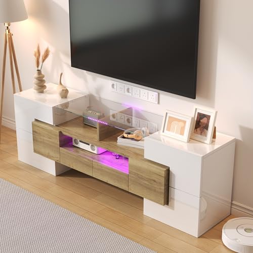Lahoomu TV-Schrank, Lowboard Hochglänzendes Holzfarbe, 145cm, LED-Beleuchtung, Wohnzimmermöbel, Elegante Glasoberfläche von Lahoomu