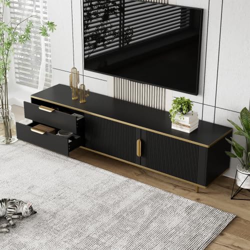 Lahoomu TV-Schrank Schwarz, Lowboard, Geschnitzte Struktur, Goldene Griffe und Füße, Wohnzimmer TV-Möbel von Lahoomu