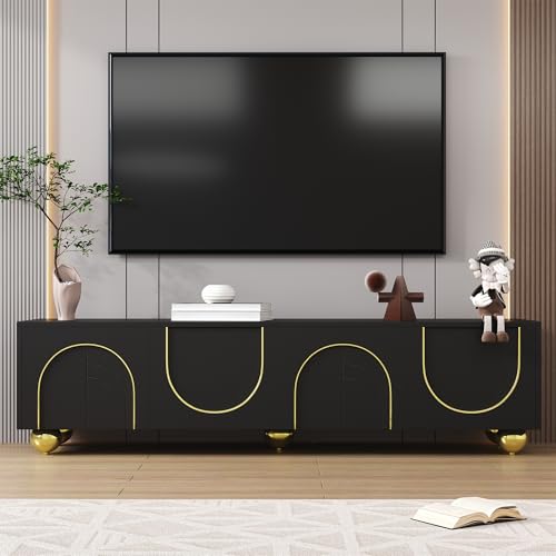 Lahoomu TV-Schrank Schwarz, Lowboard mit Strukturierten Türen, Goldenen Verzierungen, Goldenen Runden Beinen, Inklusive Einlegeböden, Push-to-Open von Lahoomu