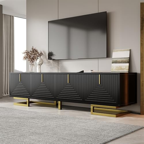 Lahoomu TV-Schrank Schwarz, Lowboard mit Strukturierten Türen, TV-Möbel, Goldene Griffe und Goldene Beine Lahoomu TV-Schrank Schwarz, Lowboard mit Strukturierten Türen, TV-Möbel, Goldene Griffe und Goldene Beine von Lahoomu