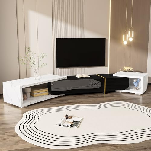 Lahoomu TV-Schrank mit Variabler Länge (140-260 cm), Drehbarer Funktion, Weißer Marmoroptik, Weißem Hochglanz-Matt-Finish und Goldenen Verzierungen von Lahoomu