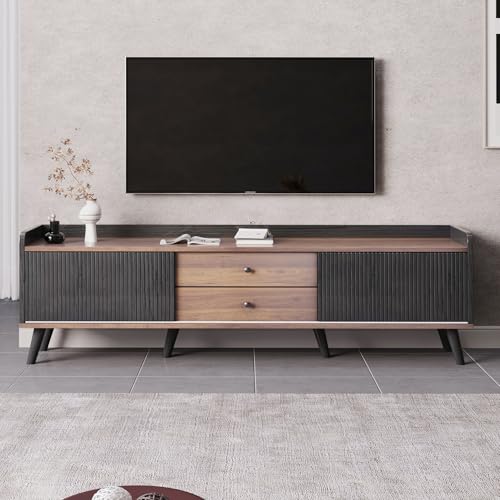 Lahoomu TV-Schrank mit Zwei Schubladen, Fernsehtisch TV Board, TV- Lowboard niedrige Platte mit Zwei Schiebetüren, Exquisite Textur, Schwarz und Natürliches Holzfarbe， H58/L160/T40 cm von Lahoomu