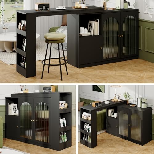 Lahoomu Um 360° Drehbarer Bartisch (Hauptkörper 120 x 40 x 97 cm), Schwarz Rotierender ESS- und Barschrank, Multifunktionaler Aufbewahrungsschrank mit Glastür von Lahoomu
