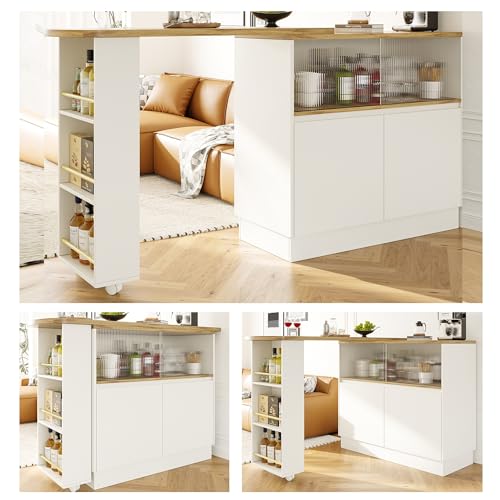 Lahoomu Um 360° Drehbarer Stehtisch (Hauptkörper 90 x 45 x 100 cm), Weißes Multifunktionales Drehbares Sideboard mit Ablagefach, Glasschiebetür, für Küche/Esszimmer von Lahoomu