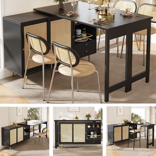 Lahoomu Um 360° drehbarer Stehtisch (107 x 40 x 71,4 cm), Schwarz Stehtisch mit Erweiterbarem Design, Aufbewahrungsschrank mit Rattantür + offenes Lagerregal, für Küche und Esszimmer von Lahoomu