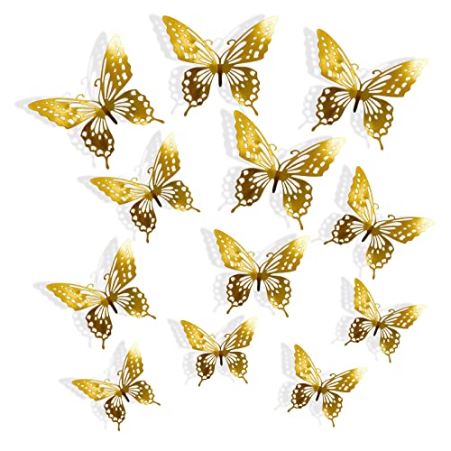 3D Schmetterlinge Deko,12 Stück Schmetterling Wandaufkleber Wand Deko Wandsticker,für Wohnzimmer Kinderzimmer Hochzeit Party Dekoration Tortendeko(Gold) von Lahviuu