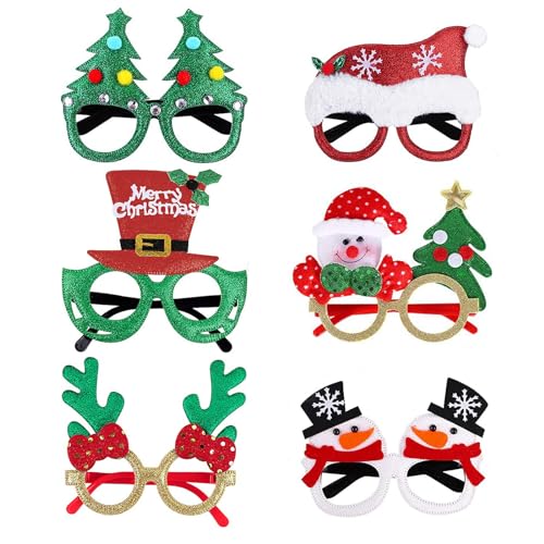 6pcs Weihnachten Brille Rahmen, Weihnachtsgläser Weihnachtsfeier Brille Weihnachten Brillengestell Lustige Weihnachtsbrillen,Partybrille für Erwachsene & Kinder Deko Maskerade Karneval Geburtstags von Lahviuu