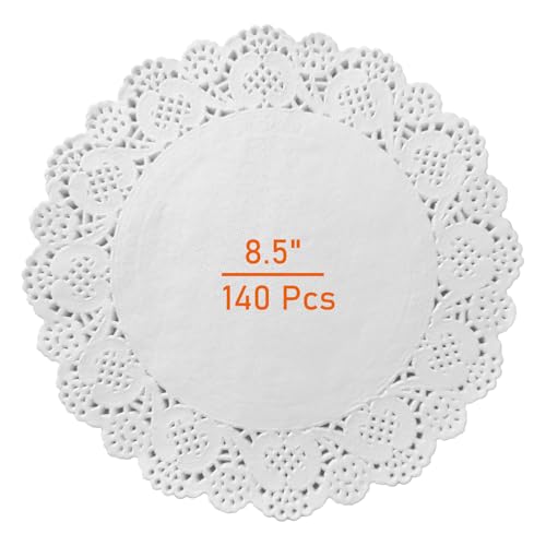 Deckchen Spitzenpapier 140 Stück Rund Tortenspitze Papier Spitzendeckchen Spitze Papierdeckchen Tassenuntersetzer Kuchen Verpackung Pad für Hochzeiten Geburtstagsfeier Geschirrdekoration 21.5x21.5 cm von Lahviuu